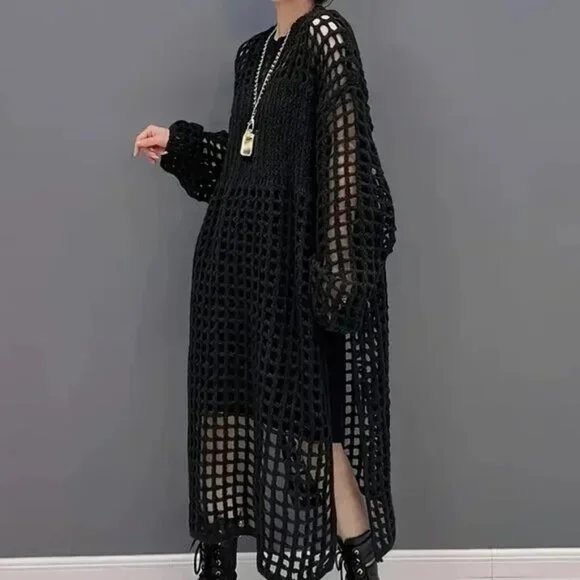 Open Knit Hollow Long Sweater Dress - Picture 2 of 11
